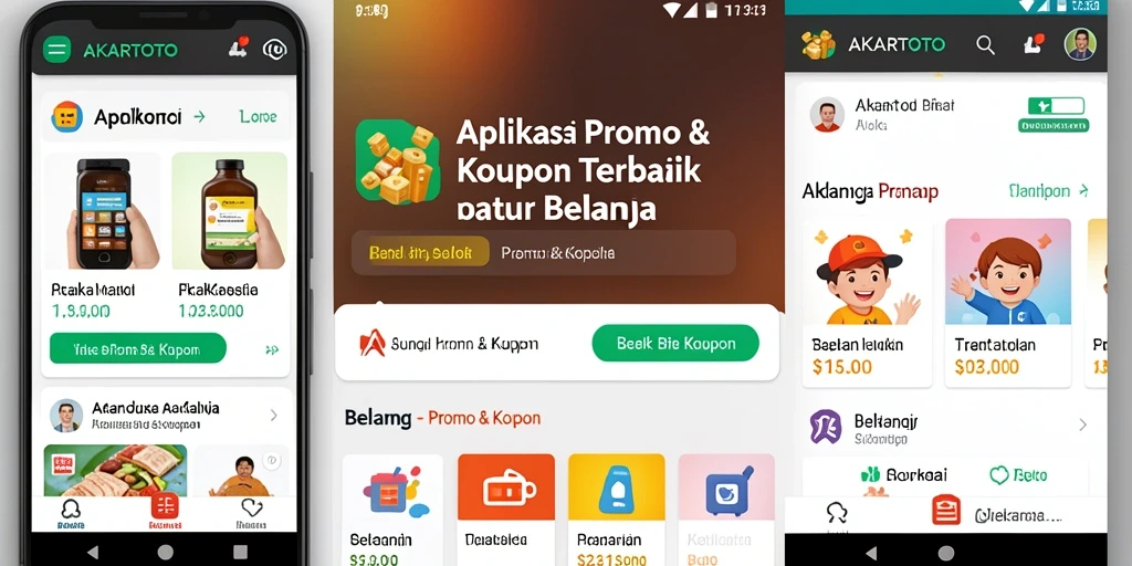 Screenshot antarmuka utama AKARTOTO menampilkan fitur kupon dan promo.