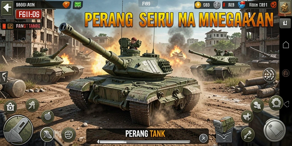 Tangkapan layar permainan FA99 menunjukkan aksi tank yang intens di medan perang.